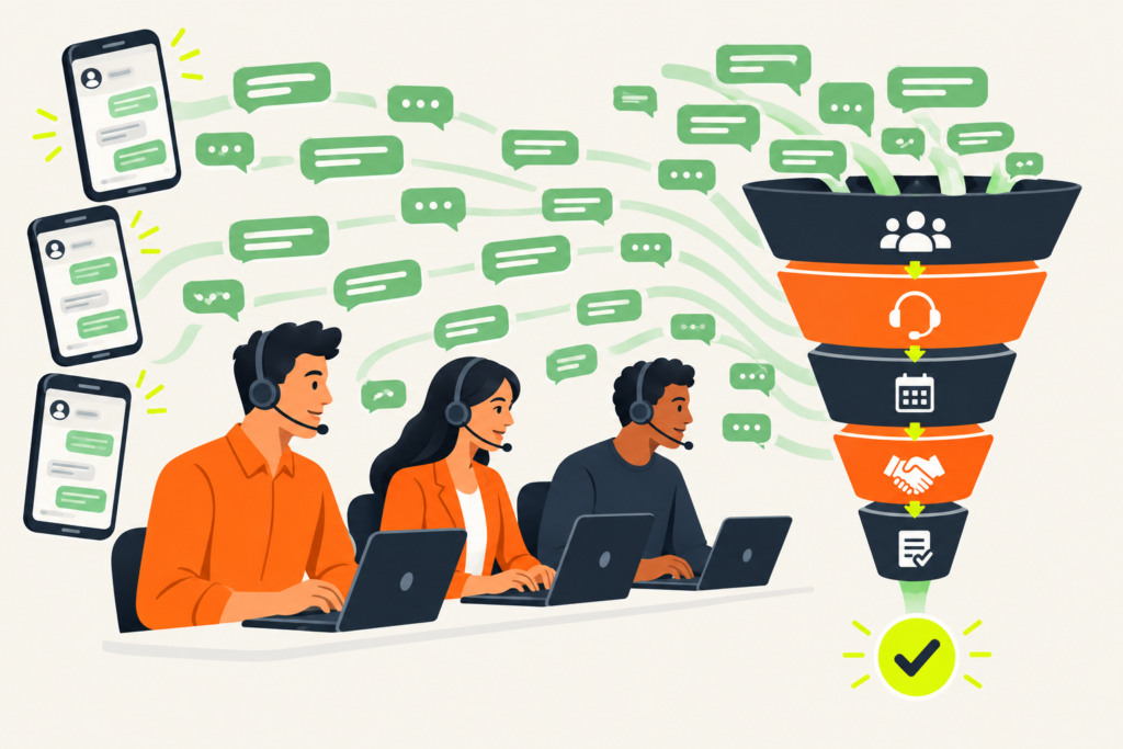 Vendedores atendiendo chats de WhatsApp que entran a un embudo de ventas dentro de un CRM