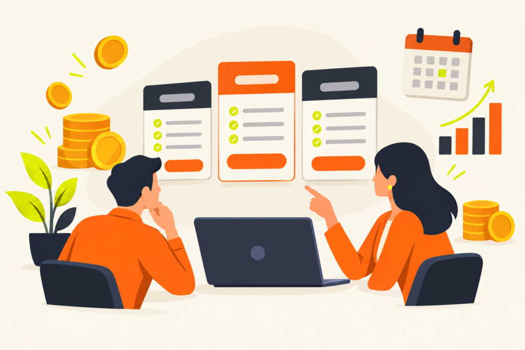 Equipo de ventas comparando los planes y precios de Kommo CRM en una laptop