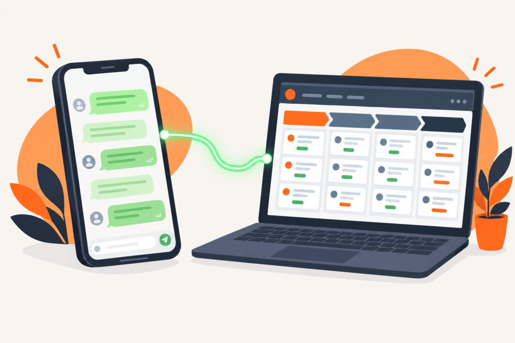 Chats de WhatsApp de un celular conectados al embudo de ventas de Kommo CRM en la computadora